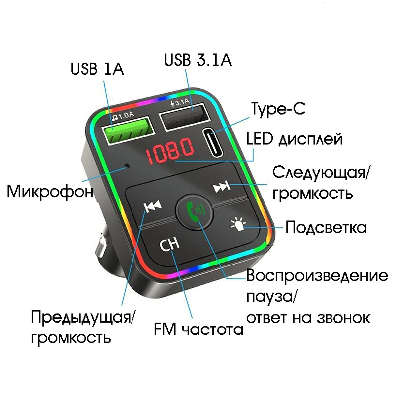ФМ Модулятор Bluetooth +зарядное (5V-3.1A) (F15)